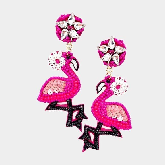 Flamingo Pink Seed Beaded Dangle Earrings - Picture 4 of 6